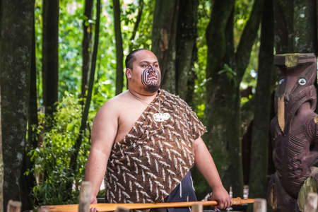 Maori tribes traditional greeting show. Vicinity of Rotorua town. The Maori are the indigenous Polynesian people of New Zealand. Rotorua, New Zealand - January 13 2018.のeditorial素材