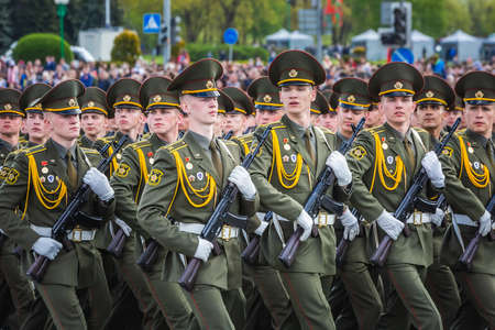 Military men marching at the celebration of the 75th anniversary of the victory in the Great...