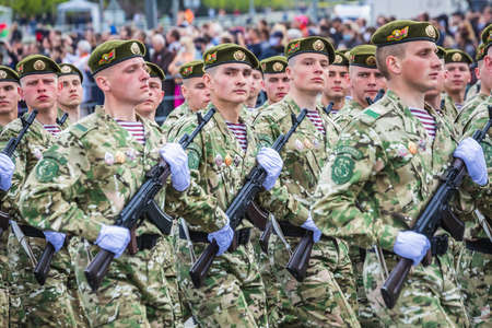 Military men marching at the celebration of the 75th anniversary of the victory in the Great...
