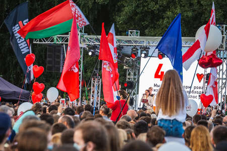 Supporters of presidential candidate Svetlana Tikhanovskaya at her campaign rally in Minsk. Minsk, Belarus - July 30 2020.のeditorial素材