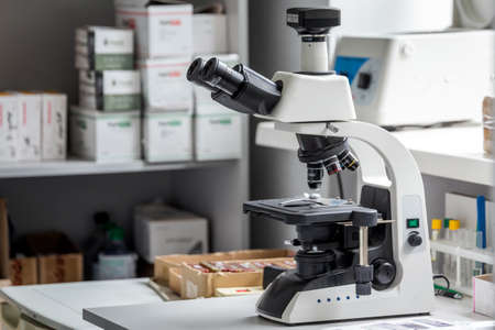 Microscope at the modern laboratory in Minsk, Belarus. Minsk, Belarus - July 21 2020.のeditorial素材