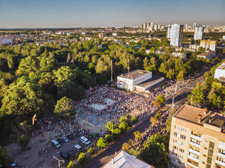 Aerial view on a supporters of presidential candidate Svetlana Tikhanovskaya at her campaign rally in Minsk. Minsk, Belarus - August 06 2020.のeditorial素材