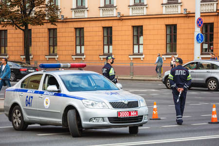 Police during peaceful protests against stolen presidential elections in Minsk, Belarus. Minsk, Belarus - August 15 2020.のeditorial素材