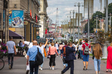 Huge crowd during peaceful protests against stolen presidential elections in Minsk, Belarus. Minsk,...