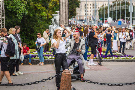 Huge crowd during peaceful protests against stolen presidential elections in Minsk, Belarus. Minsk, Belarus - August 15 2020.のeditorial素材