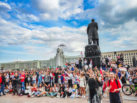 Protesters at the main Independence Square near Government House during peaceful protest against rigged elections in Minsk, Belarus. Minsk, Belarus - August 15 2020.のeditorial素材