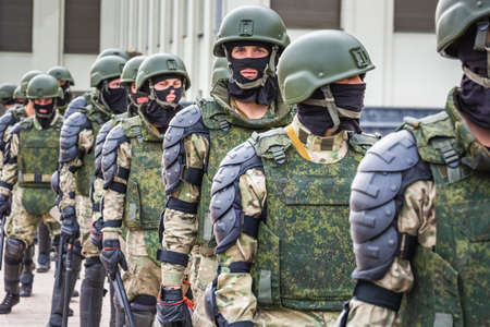 Soldiers at the main Independence Square near Government House during peaceful protest against rigged elections in Minsk, Belarus. Minsk, Belarus - August 15 2020.のeditorial素材