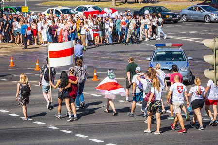 Happy people during biggest peaceful protests in Belarus history against rigged presidential...