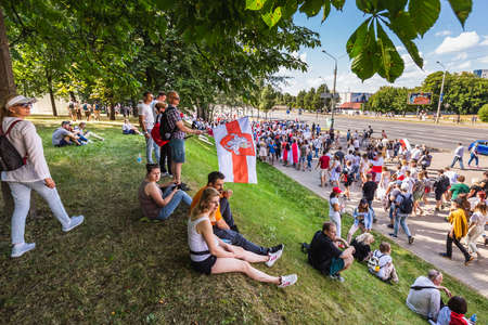 Happy people during biggest peaceful protests in Belarus history against rigged presidential elections in Minsk, Belarus. Minsk, Belarus - August 16 2020.のeditorial素材