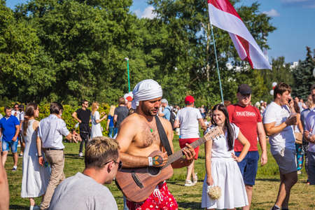 Happy people during biggest peaceful protests in Belarus history against rigged presidential...