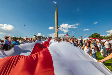 Huge flag during biggest peaceful protests in Belarus history against rigged presidential elections...