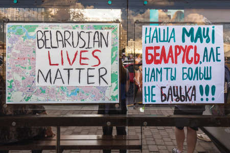 Signs during the biggest peaceful protests in Belarus history against rigged presidential elections...