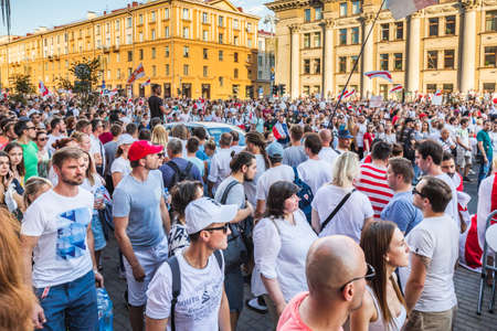Happy people during biggest peaceful protests in Belarus history against rigged presidential elections in Minsk, Belarus. Minsk, Belarus - August 16 2020.のeditorial素材