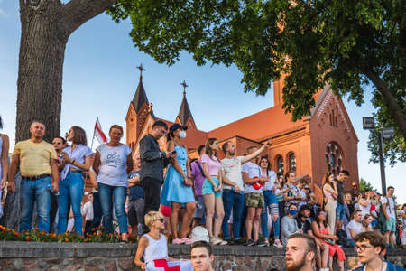 Happy people during biggest peaceful protests in Belarus history against rigged presidential elections in Minsk, Belarus. Minsk, Belarus - August 16 2020.のeditorial素材
