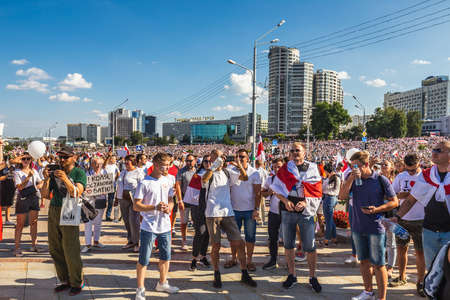 Happy people during biggest peaceful protests in Belarus history against rigged presidential elections in Minsk, Belarus. Minsk, Belarus - August 16 2020.のeditorial素材