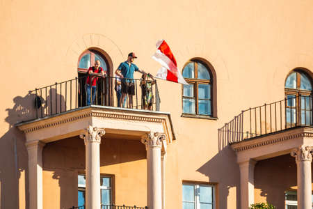 Happy people during biggest peaceful protests in Belarus history against rigged presidential...