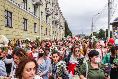 Women during peaceful protests in Belarus against rigged presidential elections in Minsk, Belarus. Minsk, Belarus - August 30 2020.のeditorial素材