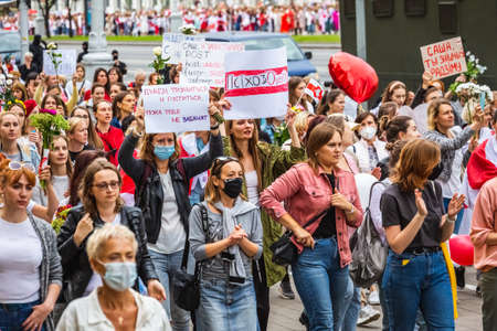 Women during peaceful protests in Belarus against rigged presidential elections in Minsk, Belarus. Minsk, Belarus - August 30 2020.のeditorial素材