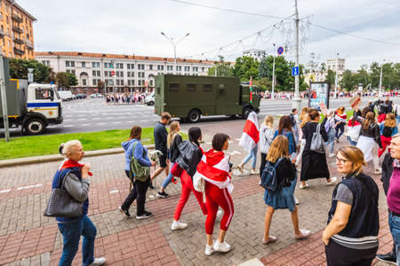 Women during peaceful protests in Belarus against rigged presidential elections in Minsk, Belarus. Minsk, Belarus - August 30 2020.のeditorial素材
