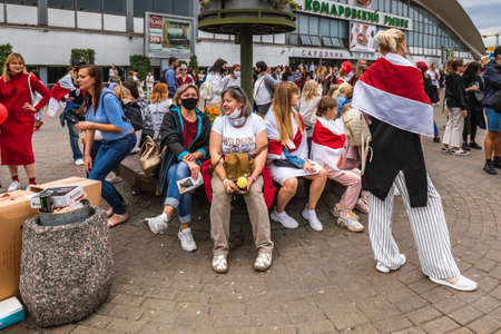 Women during peaceful protests in Belarus against rigged presidential elections in Minsk, Belarus. Minsk, Belarus - August 30 2020.のeditorial素材