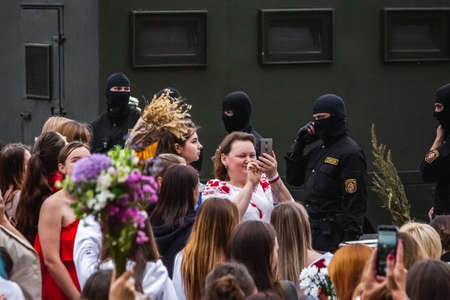 Women during peaceful protests in Belarus against rigged presidential elections in Minsk, Belarus....