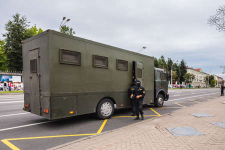 Police van during peaceful protests in Belarus against rigged presidential elections in Minsk,...