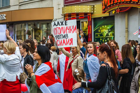 Women during peaceful protests in Belarus against rigged presidential elections in Minsk, Belarus. Minsk, Belarus - August 30 2020.のeditorial素材