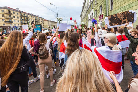 Women during peaceful protests in Belarus against rigged presidential elections in Minsk, Belarus. Minsk, Belarus - August 30 2020.のeditorial素材