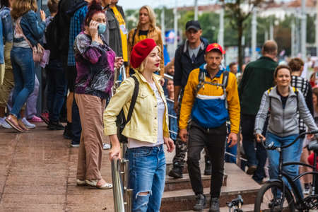 Women during peaceful protests in Belarus against rigged presidential elections in Minsk, Belarus. Minsk, Belarus - August 30 2020.のeditorial素材