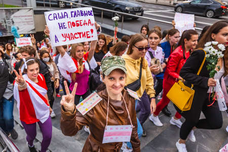 Women during peaceful protests in Belarus against rigged presidential elections in Minsk, Belarus. Minsk, Belarus - August 30 2020.のeditorial素材