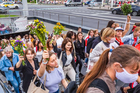 Women during peaceful protests in Belarus against rigged presidential elections in Minsk, Belarus. Minsk, Belarus - August 30 2020.のeditorial素材
