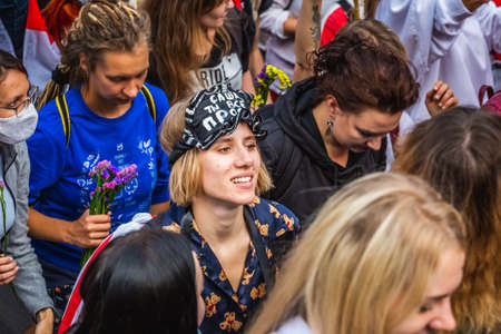 Women during peaceful protests in Belarus against rigged presidential elections in Minsk, Belarus....