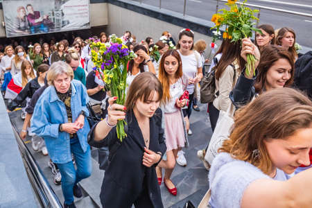 Women during peaceful protests in Belarus against rigged presidential elections in Minsk, Belarus....