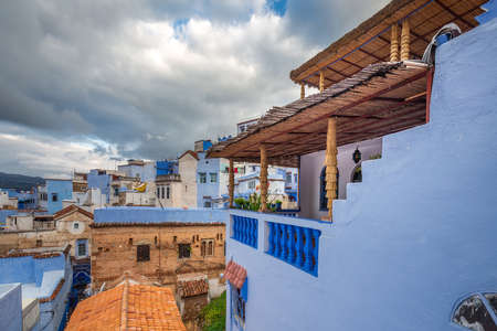 Roof view of Chefchaouen. Blue city medina in Morocco with blue painted walls.