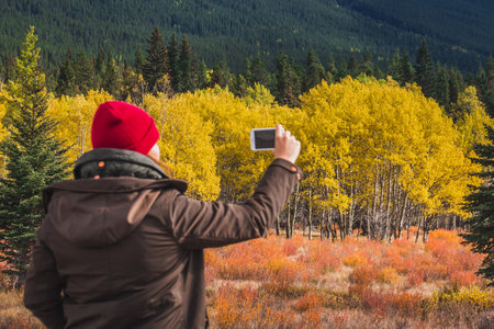 Pretty woman takes pictures on the smartphone of the yellow larches and snowy mountains at Kananaskis National Park, Canada. Banff Canada - September 30, 2018.のeditorial素材