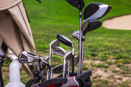 Golf clubs on a course by the pacific ocean bay. Half Moon Bay California. San Francisco, USA - September 15 2018.のeditorial素材