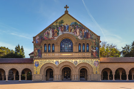 Church at the campus buildings and hallways of the Stanford University, USA. Stanford, USA - September 11 2018.のeditorial素材
