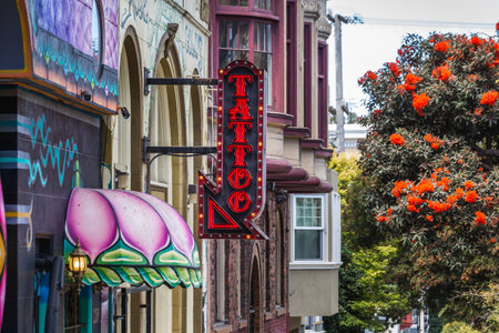 Tattoo parlor in San Francisco. San Francisco, USA - September 14 2018.のeditorial素材
