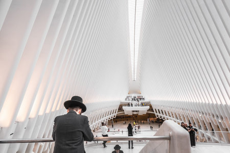 The World Trade Center in lower Manhattan and Oculus. Detailed architecture background taken of the One World Trade Center Transport Hub. New York, USA - October 09 2018.のeditorial素材