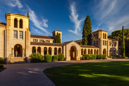 Campus buildings and hallways of the Stanford University, USA. Stanford, USA - September 11 2018.のeditorial素材