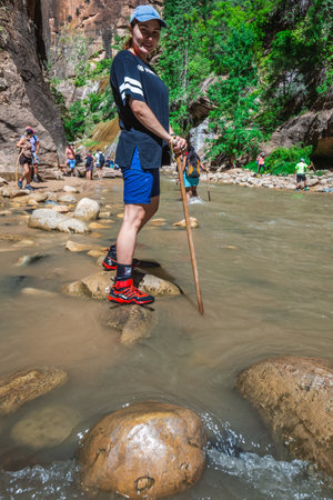 Hikers crossing river at the Zion Narrows, narrow of the Virgin River, steep faces of Zion Canyon, Zion National Park, Utah, USA. Springdale, USA - September 20, 2018.のeditorial素材