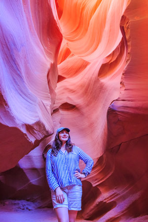 Chinese tourists at the winding Antelope Canyon in Navajo Tribal Park, near Page Arizona. Page, USA - September 21, 2018.のeditorial素材