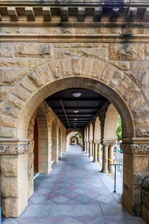Campus buildings and hallways of the Stanford University, USA. Stanford, USA - September 11 2018.のeditorial素材