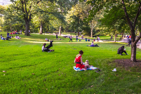 Tourists in Central Park enjoy foliage season. The city attracts 50 million people annually. New York, USA - October 10 2018.のeditorial素材