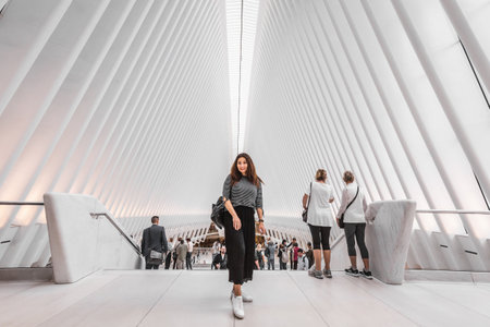 The World Trade Center in lower Manhattan and Oculus. Detailed architecture background taken of the One World Trade Center Transport Hub. New York, USA - October 09 2018.のeditorial素材