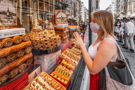 Hafiz Mustafa shop in Istanbul, traditional turkish desserts like baklava, turkish delight, cream brulee, rice puddings, cakes, teas, kunefe, knafeh desserts. Istanbul, Turkey - September 30 2020.のeditorial素材