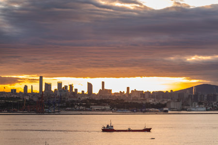 View of the sunrise with amazing clouds and freight ship on the Bosphorus. Istanbul, Turkey - September 30 2020.のeditorial素材