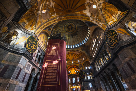 Interior of the Hagia Sophia in Istanbul. The world famous monument of Byzantine architecture recently converted to a mosque. Istanbul, Turkey - September 29 2020.のeditorial素材