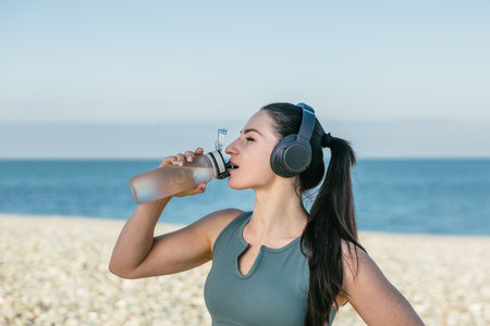 Sportive and smiley athletic young fitness coach wearing sportswear drinks water from the water bottle. She has big headphones on her head. Sport outdoors concept.の写真素材