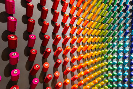A vibrant wall display of colorful thread spools arranged in a gradient at Jim Thompsons museum in...